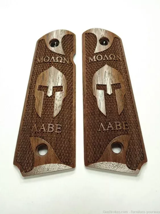 -Walnut Molon Labe Spartan COMPACT 1911 Grips Coarse Checkered Engrave Text
